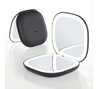 QUMOX Specchio Trucco Compatto Illuminato 5X Ingrandimento, Specchio da Viaggio Ricaricabile con Luce LED, 3 Modalità di Colore, Luminosità Regolabile Touch, Specchio Cosmetico Portatile USB-C, Nero