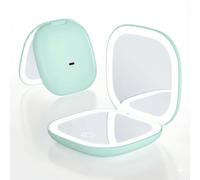 QUMOX Specchio Trucco Compatto Illuminato 5X Ingrandimento, Specchio da Viaggio Ricaricabile con Luce LED, 3 Modalità di Colore, Luminosità Regolabile Touch, Specchio Cosmetico Portatile USB-C, Verde