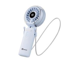 QUMOX Ventilatore Portatile con Nebulizzatore, Mini USB Ricaricabile Pieghevole con Display Batteria Digitale, 3 Velocità, Ventilatore da Mano e da Tavolo per Ufficio, Viaggio,Spiaggia Estate (Blu)