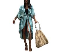 QUNERY Donna Stampato Floreale Kaftan Vestiti da Spiaggia Lungo,Cardigan con Scialle Allentato Estiva,Copricostumi da Bagno con Cintura A-Blu 1 Taglia Unica