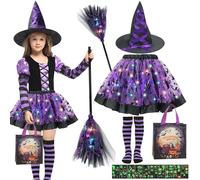 Qunkun Costume da strega per Halloween, da strega a LED, per bambini, con cappello da strega, scopa e borsa per zucca, costume da strega per carnevale, feste a tema, Halloween