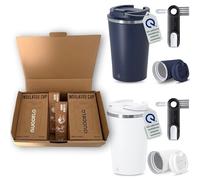 Quodelo Confezione da 2 bicchieri da caffè con interno in ceramica 350 ml - Tazza anti-goccia senza BPA per il trasporto e la pulizia della spazzola 3 in 1