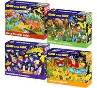 QUOKKA Puzzle 100 Pezzi Bambini 5 6 Anni - Set di 4 Puzzle Fluorescenti Bambini 6 7 Anni - Giocattoli Colorati con Spazio Dinosauri e Animali - Gioco Educativo Regalo per Bambino dai 4 ai 9