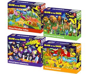 QUOKKA Puzzle 100 Pezzi Bambini 5 6 Anni - Set di 4 Puzzle Fluorescenti Bambini 6 7 Anni - Giocattoli Colorati con Spazio Dinosauri e Animali - Gioco Educativo Regalo per Bambino dai 4 ai 9