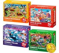 QUOKKA Puzzle Bambini 4 5 6 Anni - 4x60 Pezzi Puzzle Animali 3 4 Anni - Scopri e Cerca Giocattoli Educativi con Animali della Città Polari e Foresta Tropicale - Regalo per Bambini e Bambine dai 3 ai 8