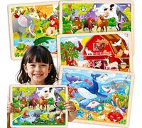 QUOKKA Puzzle in Legno per Bambini 3 4 5 Anni - 4x24 Pezzi Puzzle Animali Montessori - Gioco Educativo con Animali Fattoria Foresta Oceano e Africani - Regalo per Bambini e Bambine 6 7 8 Anni