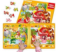 QUOKKA Puzzle Magnetici Per Bambini 3-5 - Cerca e Trova 2 Pezzi, 60 Pezzi Ciascuno - Tavola con Oggetti Nascosti, Scene di Fattoria e Africa - Puzzle Educativo Regalo per Bambini di 3 Anni