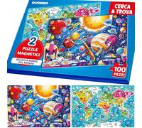 QUOKKA Puzzle Magnetici per Bambini 4-6 Anni - Libro Puzzle 100 Pezzi per 3-5 Anni - 2 Puzzle e 2 Mappe Trova le Differenze - Giochi Cerca e Trova - Spazio e Mappa del Mondo Giocattoli da Viaggio