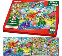 QUOKKA Puzzle Magnetici per Bambini 4-6 Anni - Libro Puzzle 100 Pezzi per 3-5 Anni - 2 Puzzle e 2 Mappe Trova le Differenze - Giochi da Viaggio Cerca e Trova - Libro Attività Dinosauri e Auto in Città