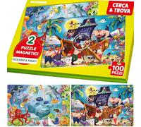 QUOKKA Puzzle Magnetici per Bambini 4-6 - Libro Puzzle 100 Pezzi per 3-5 Anni - 2 Puzzle e 2 Mappe Trova le Differenze - Giochi da Viaggio Cerca e Trova - Libro Attività Oceano e Pirati Giocattolo