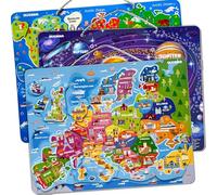QUOKKA Puzzle Magnetico Bambini 4 5 6 Anni - 3 Puzzle Mappamondo Bambini 7 8 Anni - Giochi da Viaggio per Ragazzi e Ragazze - Giocattoli Educativi con Sistema Solare Mappa del Mondo e Europa