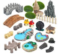 QUOZUO 21 pezzi miniature giardino fatato accessori casa ponte paesaggio pozzo d'acqua recinzione figurine stagno funghi prato ornamento da giardino per fai da te artigianato giardino decorazione
