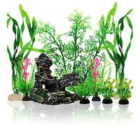 QUOZUO 9 Pezzi Decorazione Piante per Acquario, Piante in Plastica Verde con Resina, Grotta di Pesce e Accessori per Serbatoio