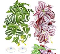 QUOZUO Confezione da 2 piante per rettili per terrario, foglie artificiali per habitat con ventose, piante da appendere, rampicanti per draghi barbuti, lucertole, serpenti, gechi e rane, viola e verde