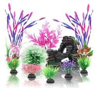 QUOZUO Set di 10 accessori per acquario, piante in plastica e decorazioni per grotte di roccia, piccole e grandi piante artificiali per acquario con roccia