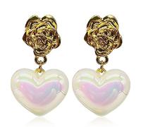 QUPENGXU Orecchini pendenti a forma di cuore con perle lucide, orecchini unici in oro a forma di rosa, da donna, Resina, Nessuna pietra preziosa