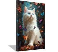 QUSAAOU Arte Murale Moderna Gatto circondato farfalle variopinte Stampe Da Parete Camera Da Letto Cucina 1 Pezzo Wall Art Canvas Grandi Decorazione Murale Grafica Immagini(Bianco)-50x70cm Incorniciato