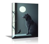 QUSAAOU Arte Murale Moderna Gatto nero e uccello sul davanzale con ombre lunari Stampe Da Parete Camera Da Letto Cucina Wall Art Canvas Grandi Decorazione Murale Grafica Immagini-60x90cmIncorniciato