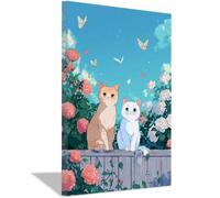 QUSAAOU Decorazioni Murali Due gatti vicino siepe rose farfalle Immagine Arte Della Parete Quadri Moderni Arredo Soggiorno Camera Poster Murale Foto Del Ristorante(Blu)-70x100cm Incorniciato