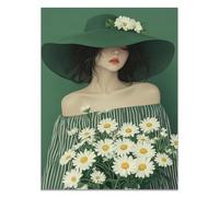 QUSAAOU Quadro Camera Letto Donna cappello verde margherite Quadri Astratti Moderni Adatti Per Decorare Le Pareti Del Soggiorno E Della Sala Da Pranzo Ma Anche Come Regalo -70x100cm Non incorniciato