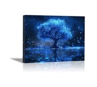 QUSAAOU Quadro Paesaggio Stampa Albero blu magico farfalle luminose notte Perfetta Per Casa，Camera Da Letto，Soggiorno，Bagno，Ufficio，Bar，Di Decorazione(Blu)-60x90cm1 Incorniciato