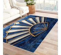 QUSAAOU Tappeto Salotto Moderno Stampato a Pelo Corto Morbido, Motivo a ventaglio blu e oro Tappeto da Zona Morbido Lavabile in Lavatrice Decorazione Della Stanza Facile da Pulire-120x180cm