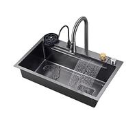 QUSYZD Lavello da Cucina Nero, Nuovo lavello a Cascata Nano in Acciaio Inossidabile 304, lavello per Verdure a Una Vasca, ripiano per postazione di Lavoro con,Black-75 * 45 * 23cm