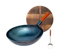 QUSYZD Pentola in Ferro Tradizionale Cinese, padelle per Wok in ghisa Martellata a Mano, Fondo Tondo con Coperchio e Manico in Legno, Senza Rivestimento, Meno Olio, pentola antiaderent,36cm