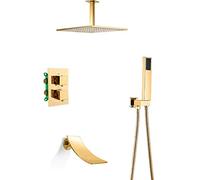 QUSYZD Set Doccia Combinato termostatico Dorato con Miscelatore a Pioggia, Rubinetto Doccia da soffitto per Bagno con soffione a Pioggia, doccetta a Mano, Bocchetta a casca,8 Inches