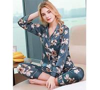QUSYZD Set Pigiama in Raso da Donna, Pigiama in Raso di Seta per Donna, Set da 2 Pezzi, Elegante Pigiama con Stampa abbottonata, Manica Lunga, Pigiama Estivo, Pigiama da Notte,Gray Blue-L