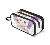 Quteprint Astuccio con cerniera, grazioso gatto viola ali e fiori, grande capacità, resistente, con 3 scomparti, organizer per scuola, università, ufficio, per studenti, adolescenti, adulti, ragazzi e