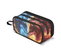 Quteprint Astuccio con cerniera, motivo "Fire Two Wolves Wolves", grande capacità, resistente, con 3 scomparti, organizer per scuola, università, ufficio, per studenti, adolescenti, adulti, ragazzi e