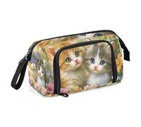 Quteprint Astuccio di grande capacità, motivo floreale con farfalle e gatti, portatile, con cerniera, per ufficio, scuola, cancelleria, portapenne, per adolescenti, ragazze, ragazzi, adulti