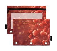 Quteprint Astuccio per raccoglitore a 3 anelli, San Valentino, cuori e palloncini, confezione da 2 astucci con cerniera con finestra trasparente e occhielli rinforzati per raccoglitore, organizer per