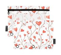 Quteprint Astuccio per raccoglitori a 3 anelli, albero di San Valentino, cuori e 2 astucci con cerniera, con finestra trasparente e occhielli rinforzati per raccoglitore, organizer per matite per
