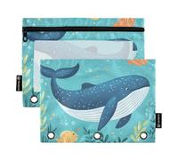 Quteprint Astuccio per raccoglitori a 3 anelli, balena oceanica che nuota, confezione da 2 astucci con cerniera con finestra trasparente e occhielli rinforzati per raccoglitore, organizer per matite