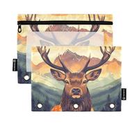 Quteprint Astuccio per raccoglitori a 3 anelli, cervi, alci, montagne, foresta, confezione da 2 astucci con cerniera con finestra trasparente e occhielli rinforzati per raccoglitore, astuccio