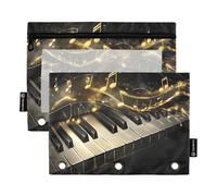 Quteprint Astuccio per raccoglitori a 3 anelli, chiavi di pianoforte, note musicali, confezione da 2 astucci con cerniera con finestra trasparente e occhielli rinforzati per raccoglitore, astuccio