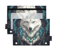 Quteprint Astuccio per raccoglitori a 3 anelli, con piume e cuore e lupo, confezione da 2 astucci con cerniera con finestra trasparente e occhielli rinforzati per raccoglitore, astuccio organizer per