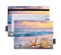 Quteprint Astuccio per raccoglitori a 3 anelli, con stella marina e conchiglia, confezione da 2 astucci con cerniera con finestra trasparente e occhielli rinforzati per raccoglitore, organizer per