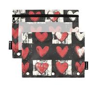 Quteprint Astuccio per raccoglitori a 3 anelli, cuori colorati di San Valentino, confezione da 2 astucci con cerniera con finestra trasparente e occhielli rinforzati per raccoglitore, astuccio
