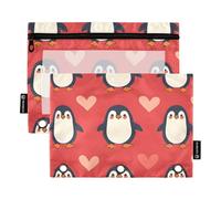 Quteprint Astuccio per raccoglitori a 3 anelli, cuori graziosi pinguini, confezione da 2 astucci con cerniera con finestra trasparente e occhielli rinforzati per raccoglitore, organizer per matite per