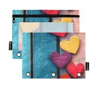 Quteprint Astuccio per raccoglitori a 3 anelli, cuori in legno colorati, confezione da 2 astuccio con cerniera con finestra trasparente e occhielli rinforzati per raccoglitore, organizer per matite
