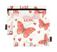 Quteprint Astuccio per raccoglitori a 3 anelli, cuori rossi con farfalla e cuori, confezione da 2 astucci con cerniera con finestra trasparente e occhielli rinforzati per raccoglitore, astuccio