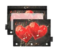 Quteprint Astuccio per raccoglitori a 3 anelli, cuori rossi, note musicali, confezione da 2 astucci con cerniera con finestra trasparente e occhielli rinforzati per raccoglitore, astuccio organizer