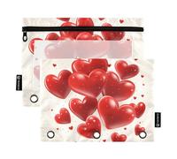 Quteprint Astuccio per raccoglitori a 3 anelli, cuori rossi per San Valentino, confezione da 2 astucci con cerniera con finestra trasparente e occhielli rinforzati per raccoglitore, astuccio organizer