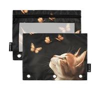 Quteprint Astuccio per raccoglitori a 3 anelli, farfalle volanti con simpatico gatto, confezione da 2 astucci con cerniera con finestra trasparente e occhielli rinforzati per raccoglitore, astuccio