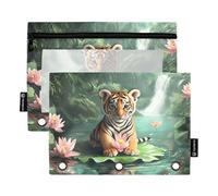 Quteprint Astuccio per raccoglitori a 3 anelli, fiore di loto tigre, confezione da 2 astucci con cerniera con finestra trasparente e occhielli rinforzati per raccoglitore, astuccio organizer per