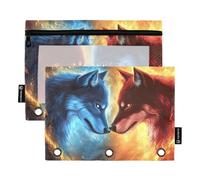 Quteprint Astuccio per raccoglitori a 3 anelli, Fire Two Wolves Wolves, confezione da 2 astucci con cerniera con finestra trasparente e occhielli rinforzati per raccoglitore, astuccio organizer per