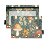 Quteprint Astuccio per raccoglitori a 3 anelli, foglie di bosco e funghi, confezione da 2 astucci con cerniera con finestra trasparente e occhielli rinforzati per raccoglitore, organizer per matite